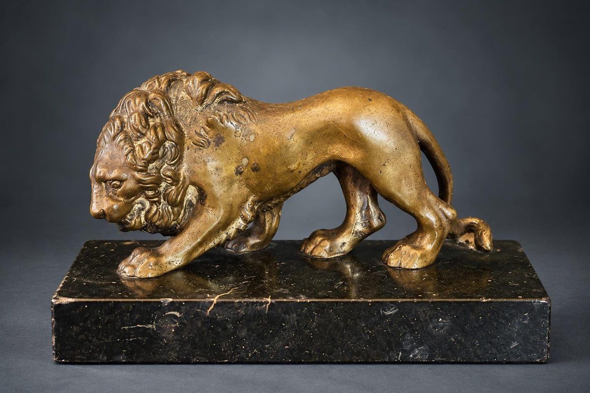 Grand Tour Style Walking Lion Figure, Patinated Gold-Tone Metal on Black Speckled Base, Desk Ornament or Paperweight