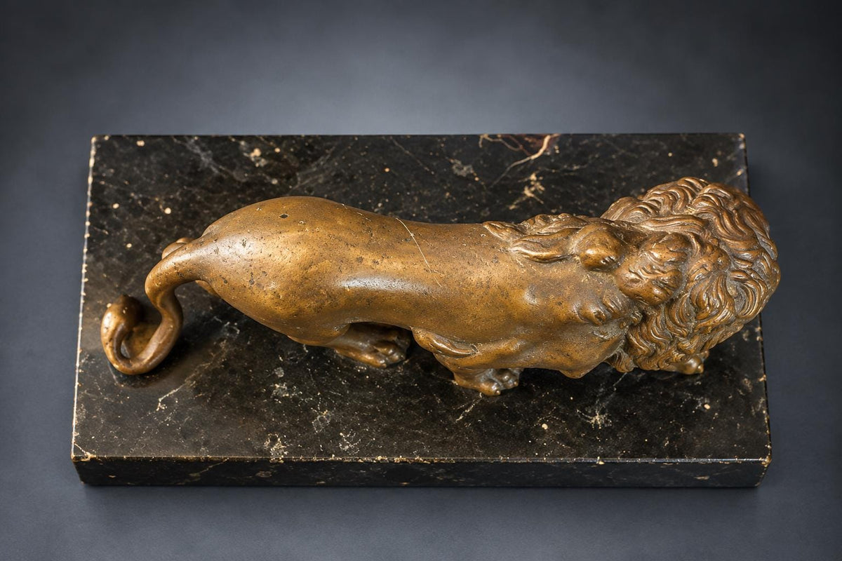 Grand Tour Style Walking Lion Figure, Patinated Gold-Tone Metal on Black Speckled Base, Desk Ornament or Paperweight