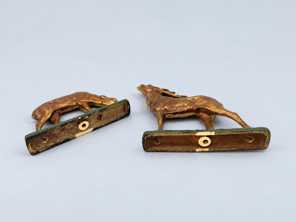 Vintage Art Deco Style Pair of Animal Figures, Bellowing Stag and Grazing Doe, Gilt Metal on Green Terraces, 9.5 cm