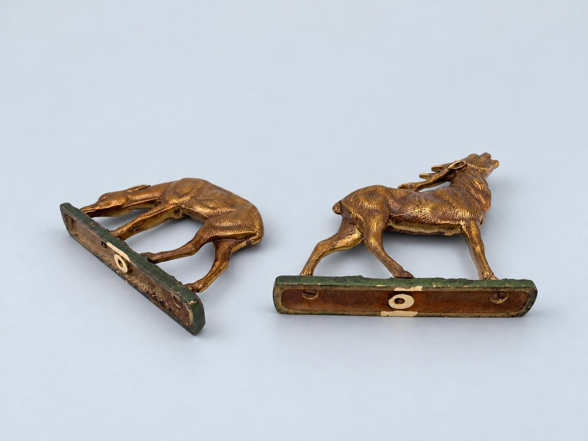 Vintage Art Deco Style Pair of Animal Figures, Bellowing Stag and Grazing Doe, Gilt Metal on Green Terraces, 9.5 cm