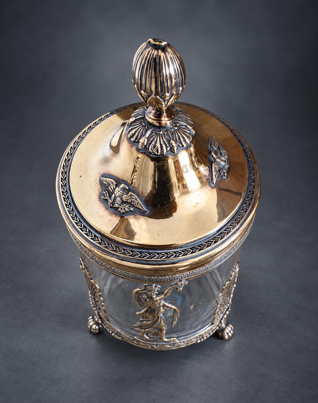 Empire Style Lidded Glass Box in Silver-Tone and Gilt Metal Mount, Muse with Lyre, Palmettes and Paw Feet