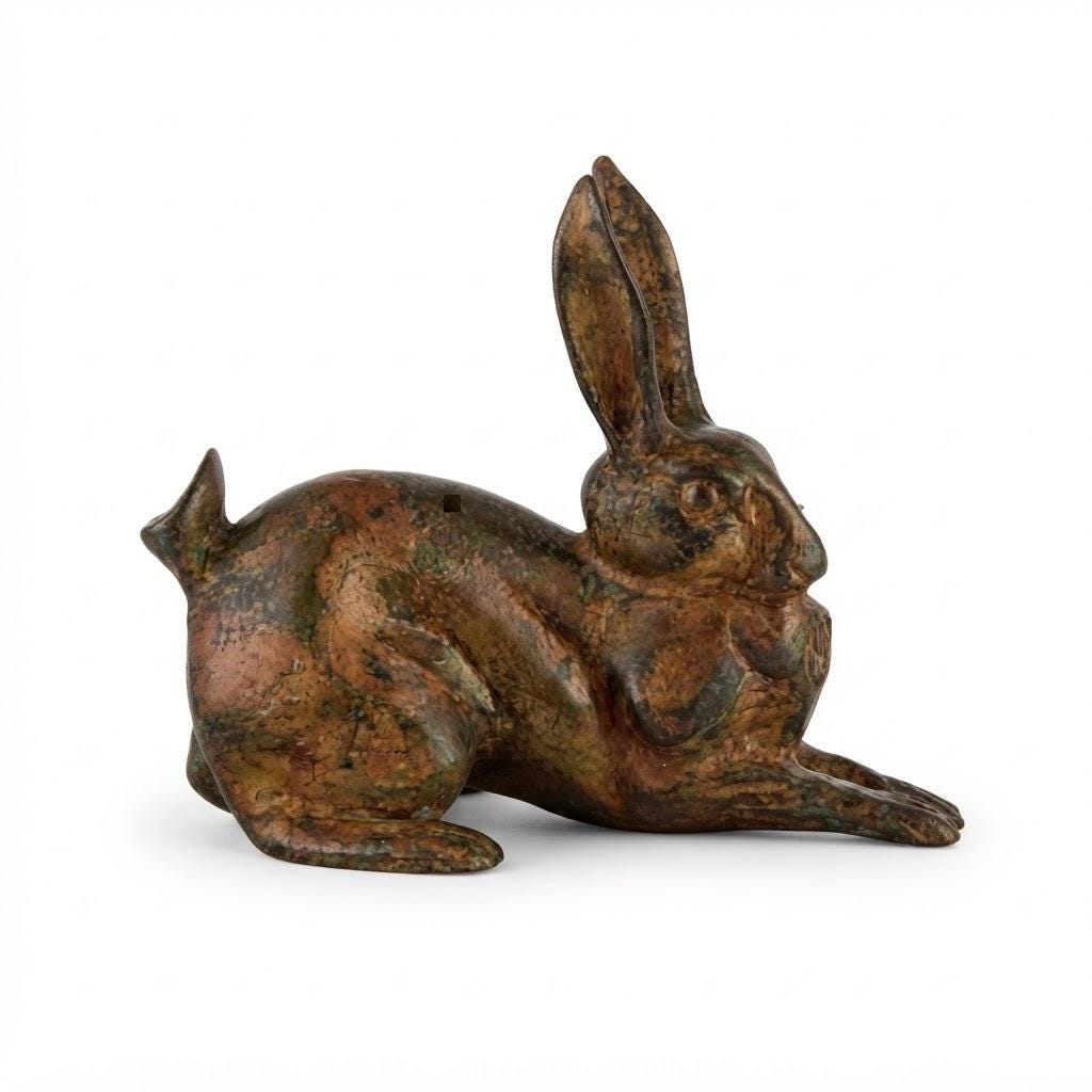 Vintage Crouching Rabbit Sculpture, Patinated Metal with Mottled Brown and Green Patina, Animalier Style, 12 cm
