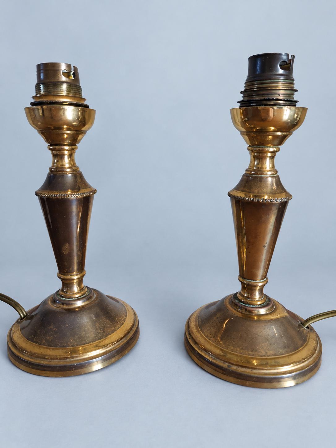 Vintage Pair of Small Brass Candlestick Table Lamps, Attributed 1930s–50s, Two-Tone Gold and Brown Patina, Sold Without Shades, 17 cm