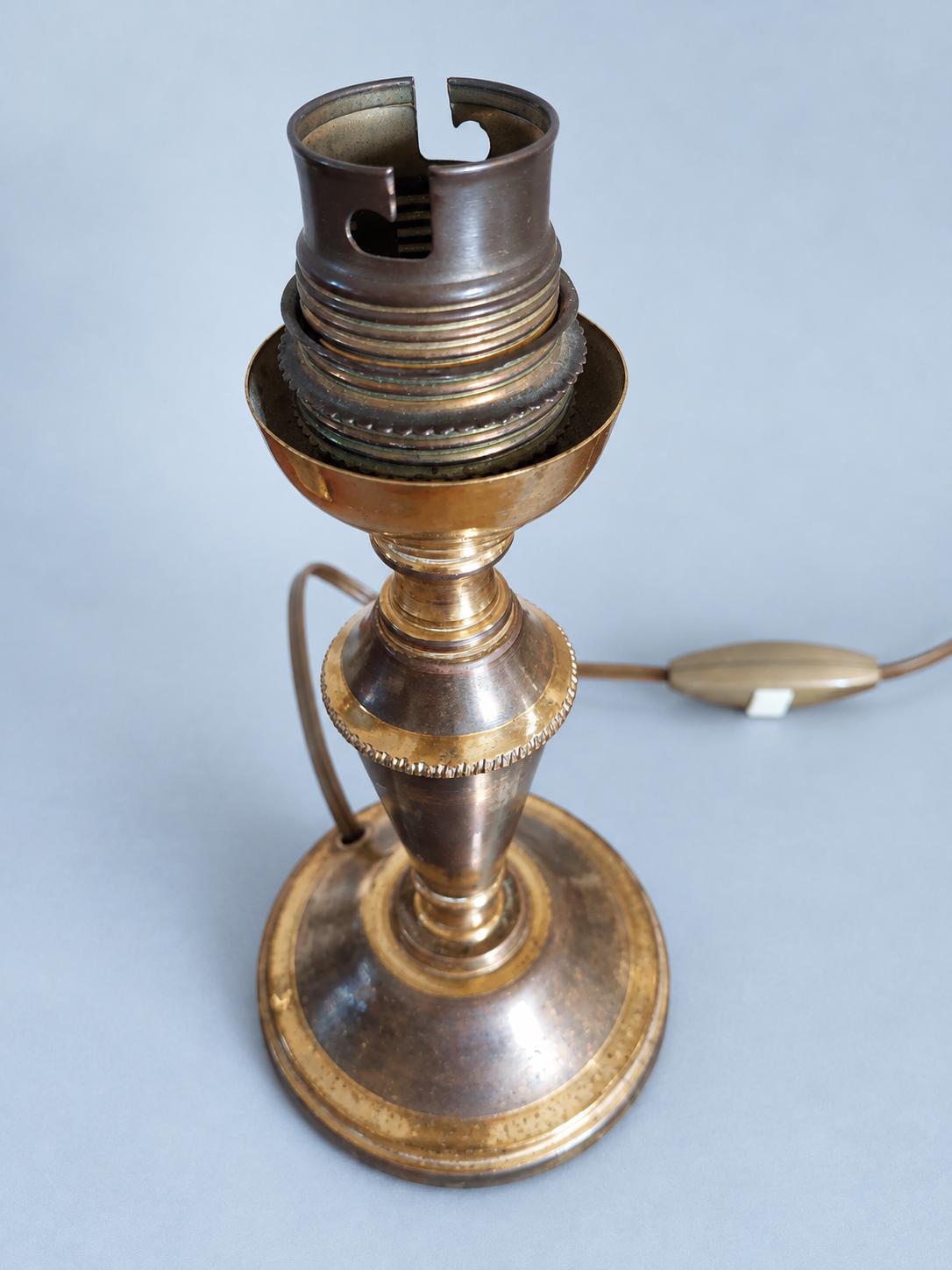Vintage Pair of Small Brass Candlestick Table Lamps, Attributed 1930s–50s, Two-Tone Gold and Brown Patina, Sold Without Shades, 17 cm