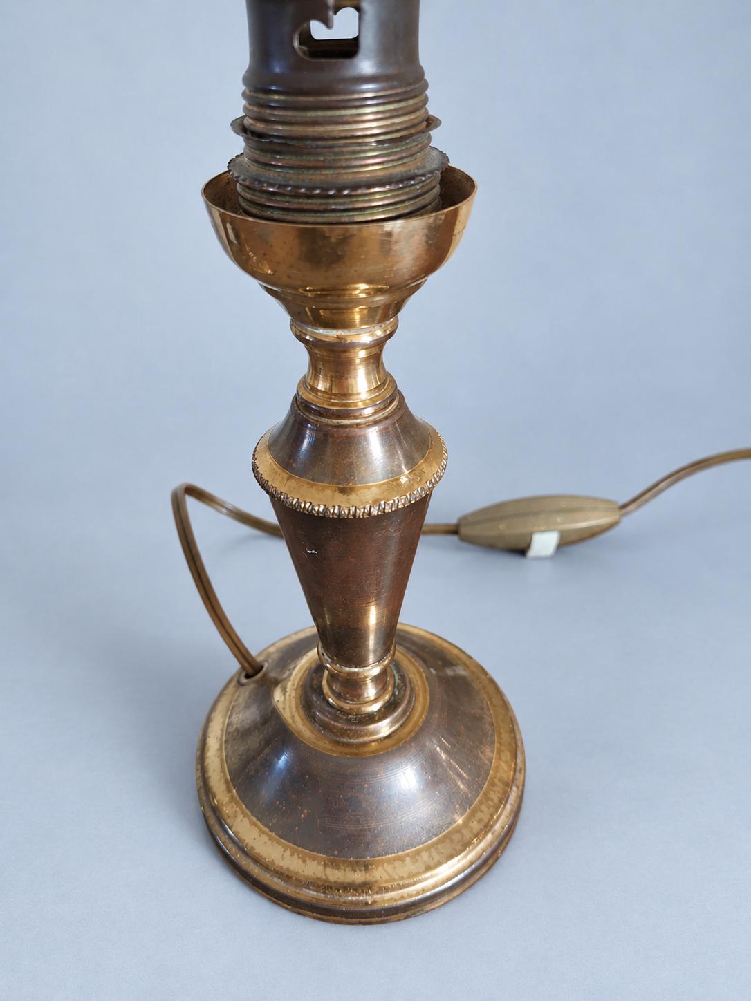 Vintage Pair of Small Brass Candlestick Table Lamps, Attributed 1930s–50s, Two-Tone Gold and Brown Patina, Sold Without Shades, 17 cm