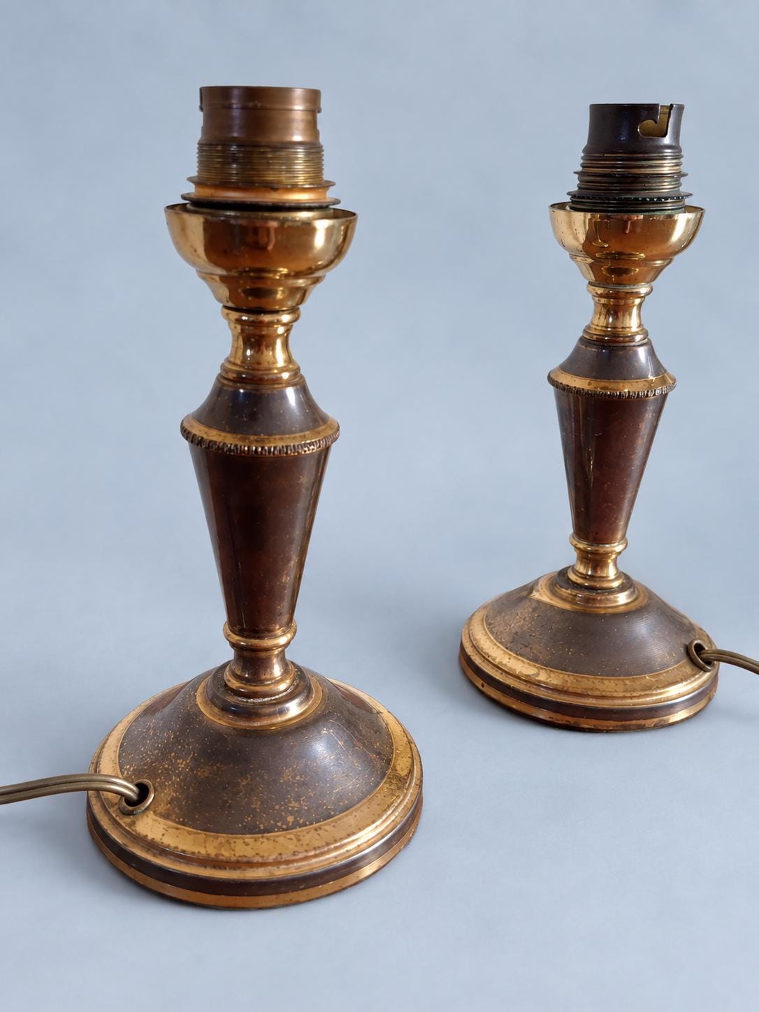 Vintage Pair of Small Brass Candlestick Table Lamps, Attributed 1930s–50s, Two-Tone Gold and Brown Patina, Sold Without Shades, 17 cm