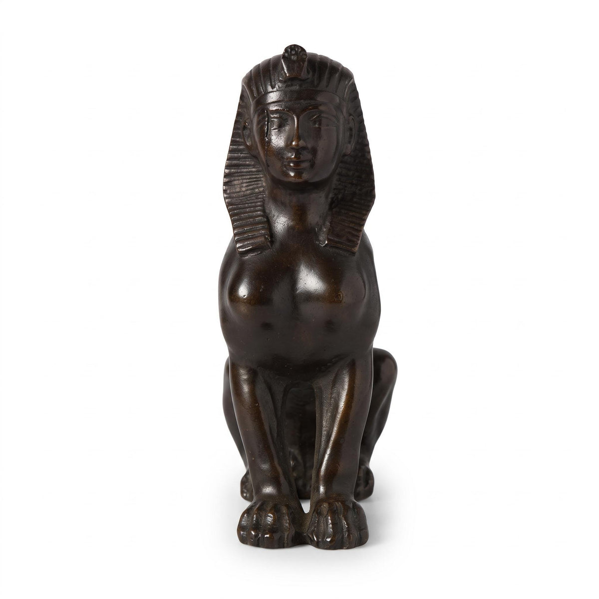 Egyptian Revival Style Seated Sphinx Figure, Dark Patinated Metal, Nemes Headdress, Former Clock or Furniture Mount