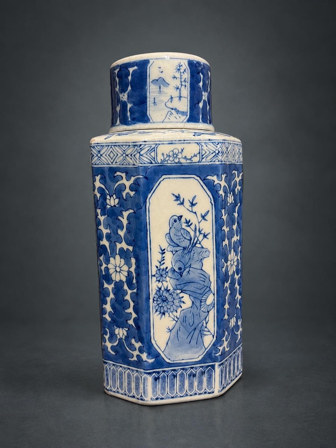 Blue and White Hexagonal Tea Caddy with Cover, Landscape and Bird Panels, Chinese Style, 23.5 cm