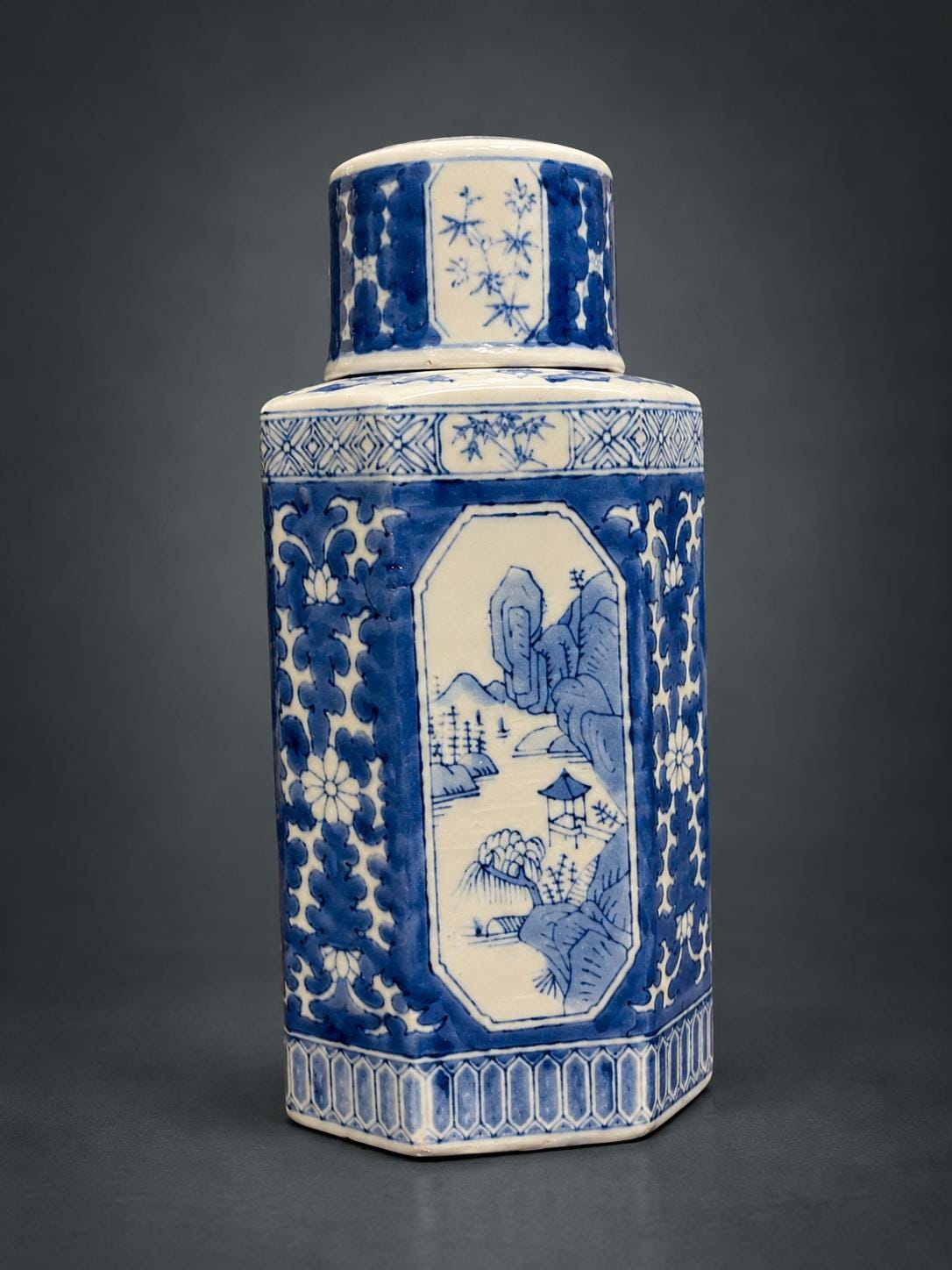 Blue and White Hexagonal Tea Caddy with Cover, Landscape and Bird Panels, Chinese Style, 23.5 cm
