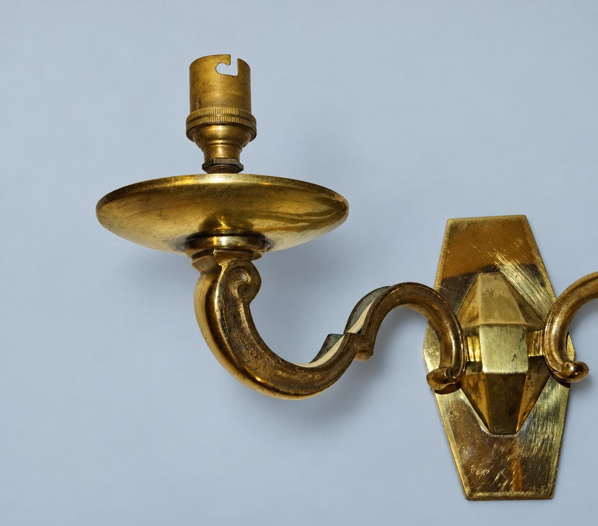 Vintage Pair of Louis XIV Style Polished Brass Wall Sconces, Faceted Backplates with Heavy Scroll Arms, Two Lights Each