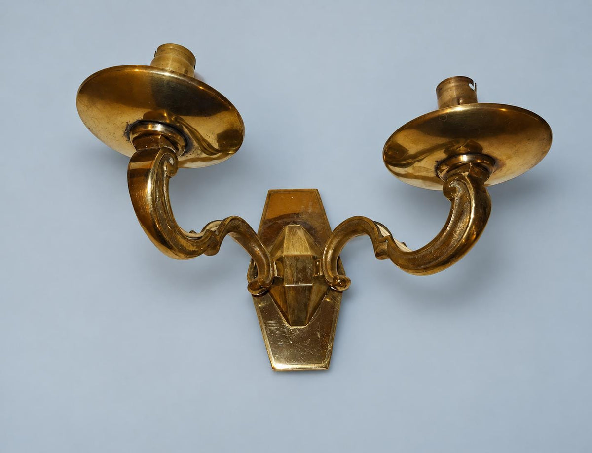Vintage Pair of Louis XIV Style Polished Brass Wall Sconces, Faceted Backplates with Heavy Scroll Arms, Two Lights Each