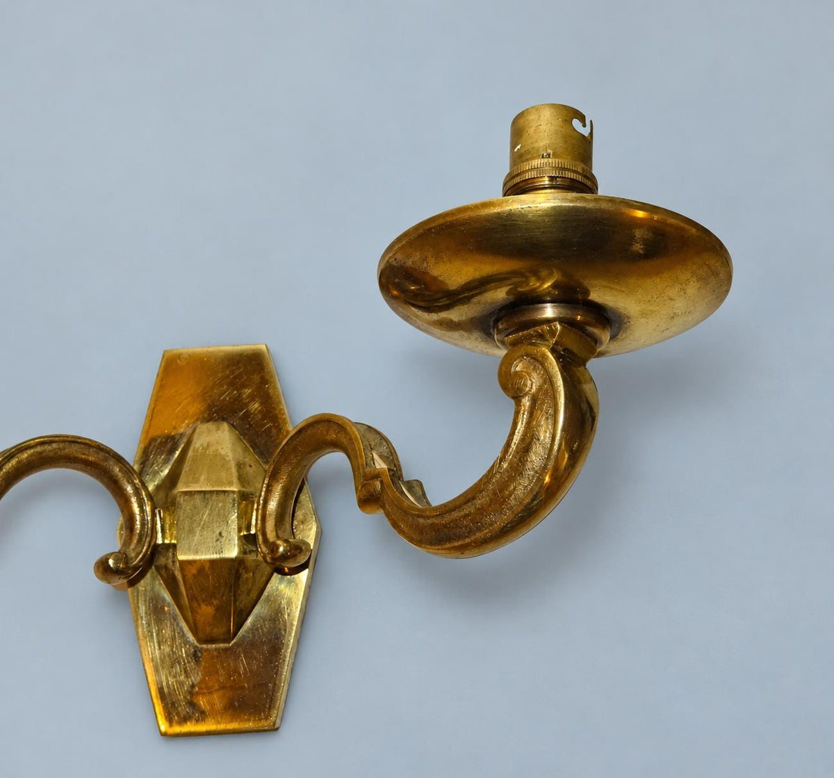 Vintage Pair of Louis XIV Style Polished Brass Wall Sconces, Faceted Backplates with Heavy Scroll Arms, Two Lights Each