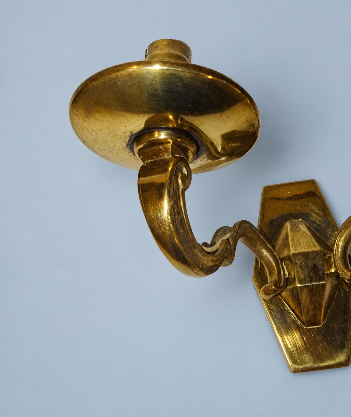 Vintage Pair of Louis XIV Style Polished Brass Wall Sconces, Faceted Backplates with Heavy Scroll Arms, Two Lights Each