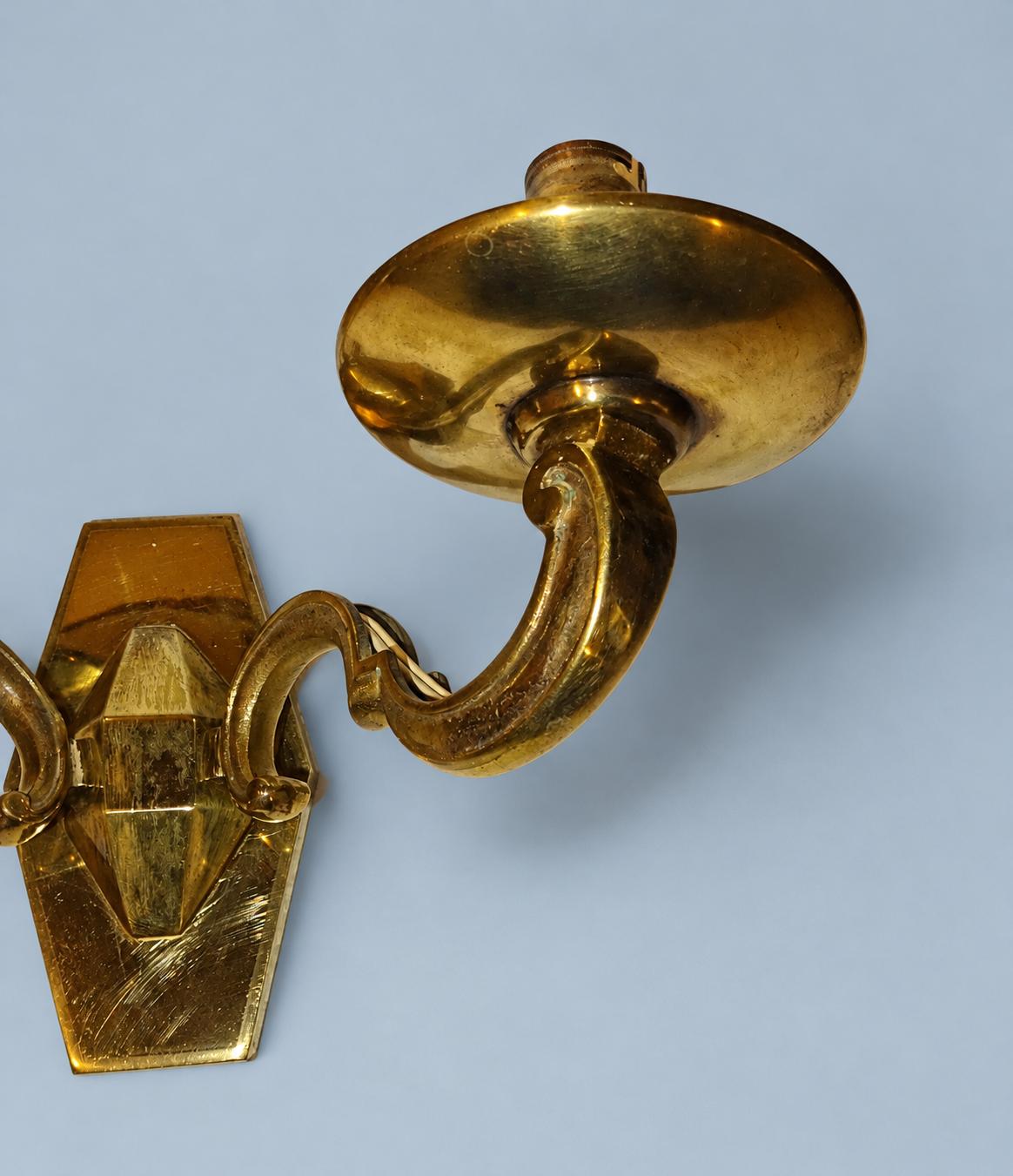 Vintage Pair of Louis XIV Style Polished Brass Wall Sconces, Faceted Backplates with Heavy Scroll Arms, Two Lights Each