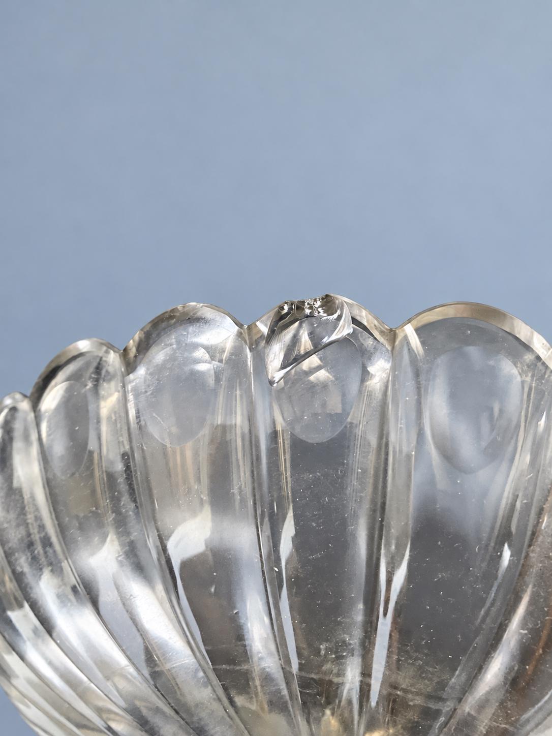 Vintage Empire Style Dolphin Tazza, Cut Glass Scalloped Bowl on Gilt Metal Dolphin Stand with Paw Feet, Attributed 19th Century, 23 cm