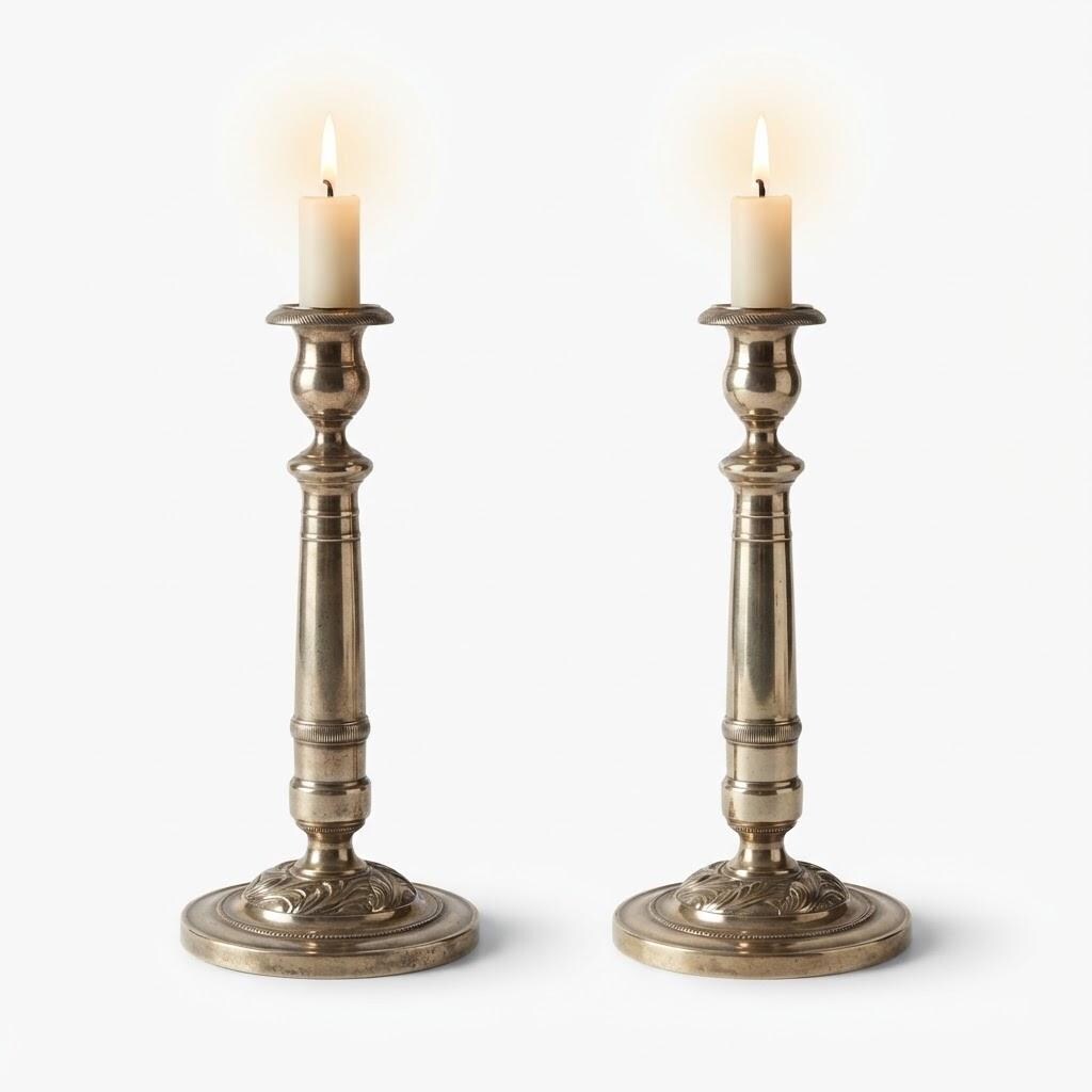 Vintage Small Pair of Empire Style Column Candlesticks, Polished Gold-Tone Metal with Leaf-Decorated Bases, 24 cm