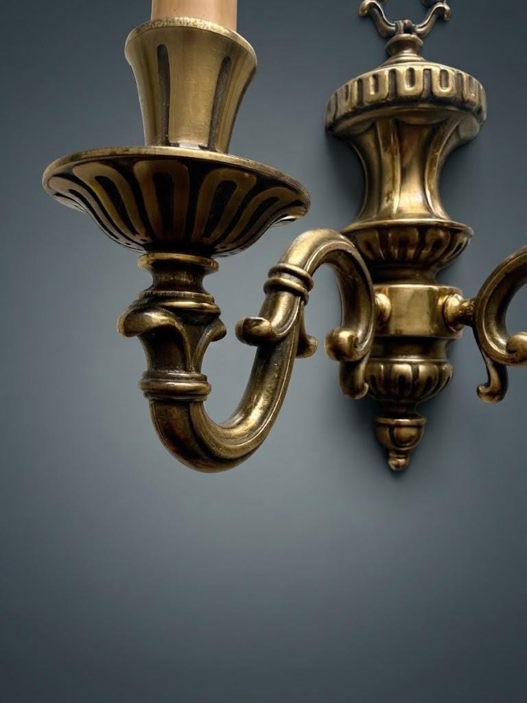 Pair of French Vintage Style Two-Arm Wall Sconces, Bronze-Tone Metal Urn Bodies with Scrolled Arms and Candle Sleeves