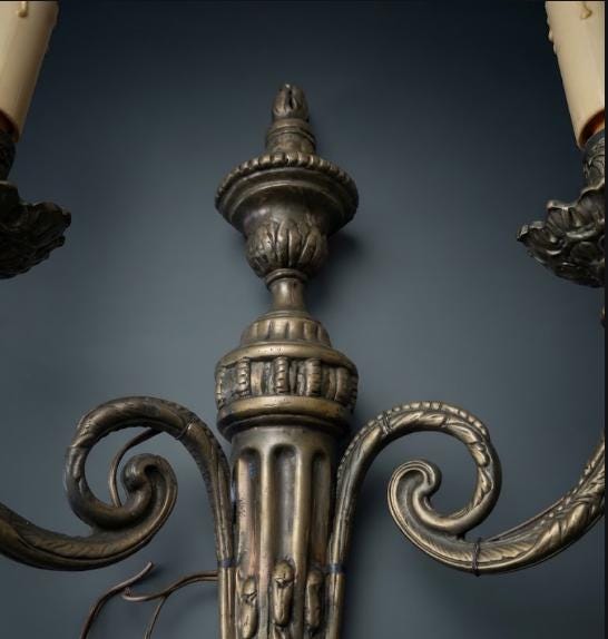 Set of Three Louis XVI Style Two-Arm Wall Sconces, Quiver Backplates with Ribbons, Leaf Cups and Pine Cone Drops