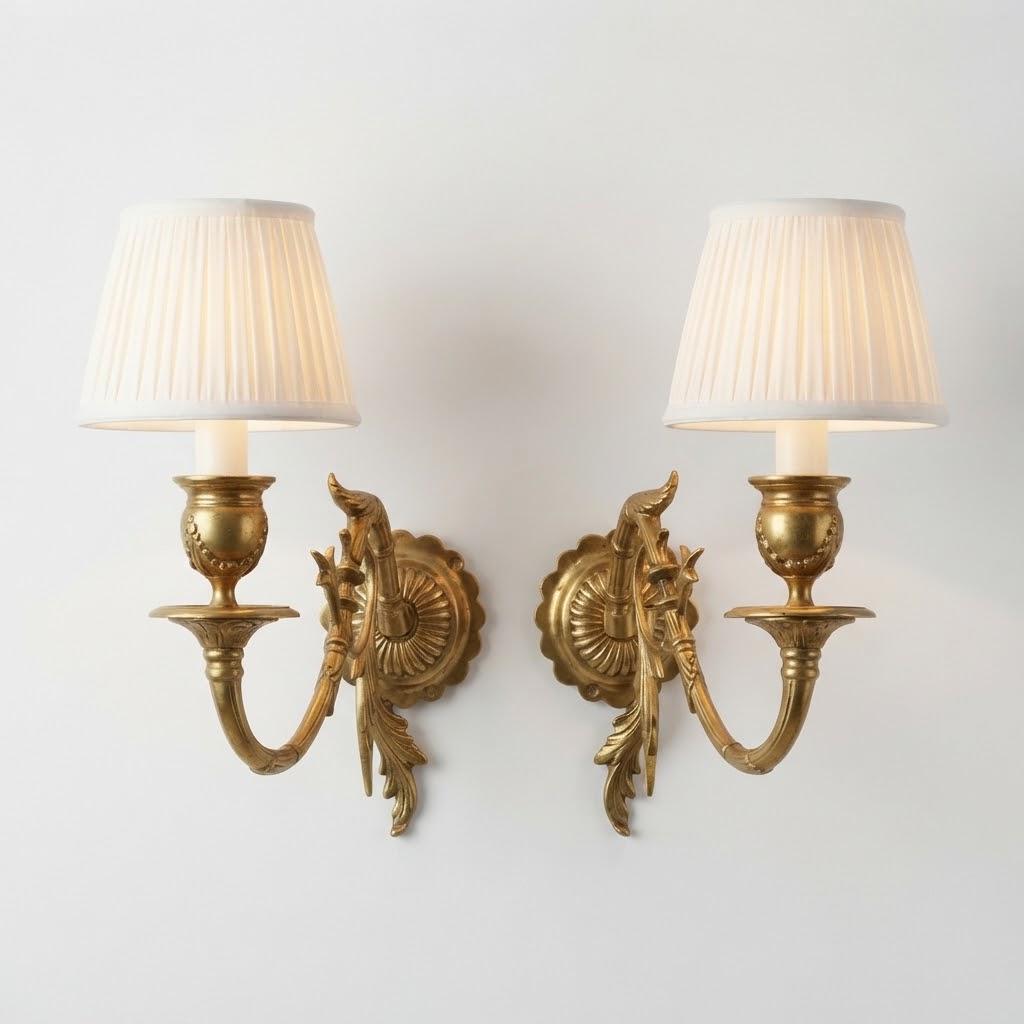 Vintage Pair of Swing-Arm Candle Sconces, Gilt Metal Faux-Bamboo Arms on Fluted Rosettes, Piano Style, 19 cm