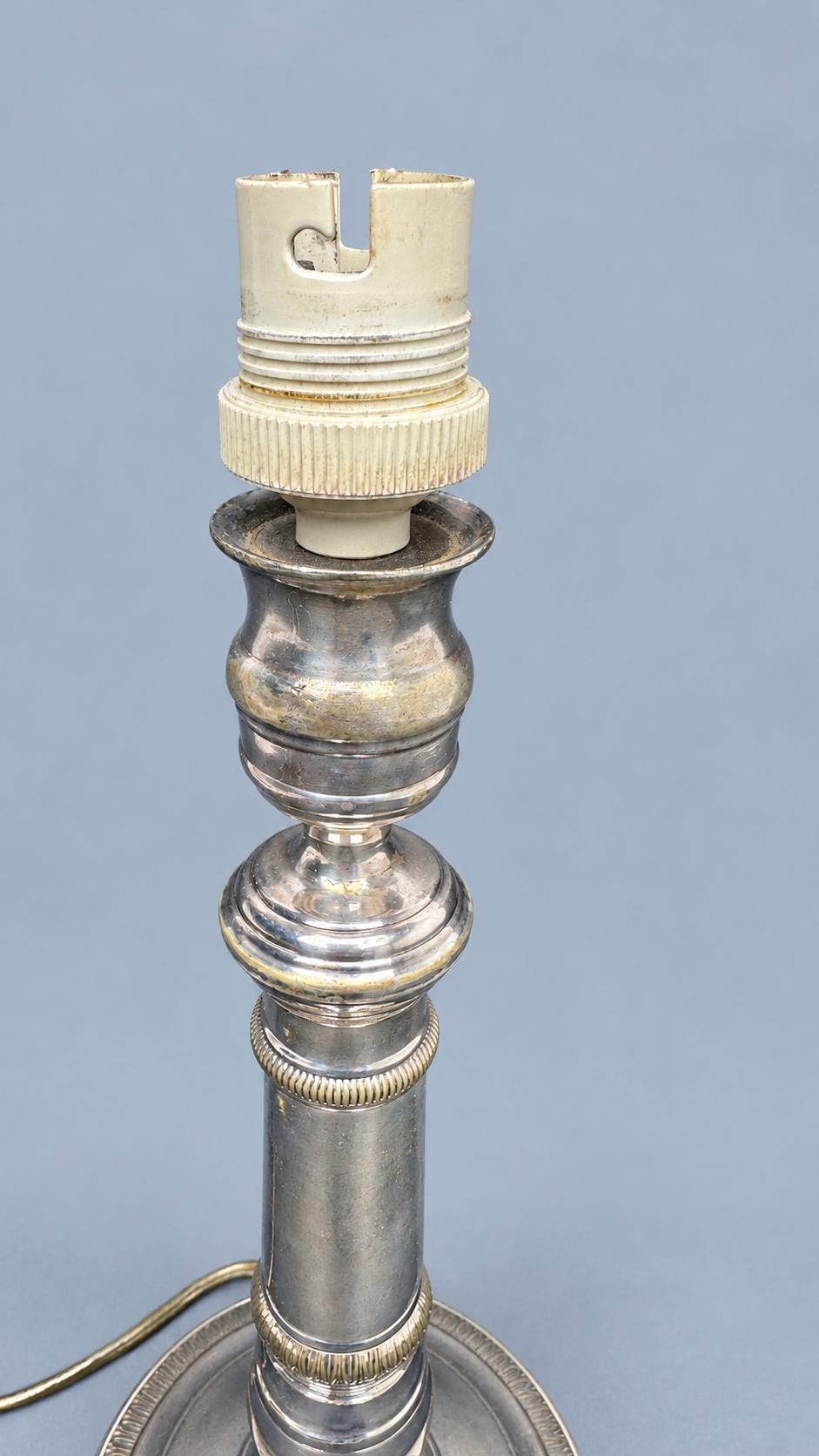 Vintage Empire Consulat Style Candlestick Table Lamp, Silver-Tone Metal with Leaf Bands, Attributed 19th Century, Sold Without Shade