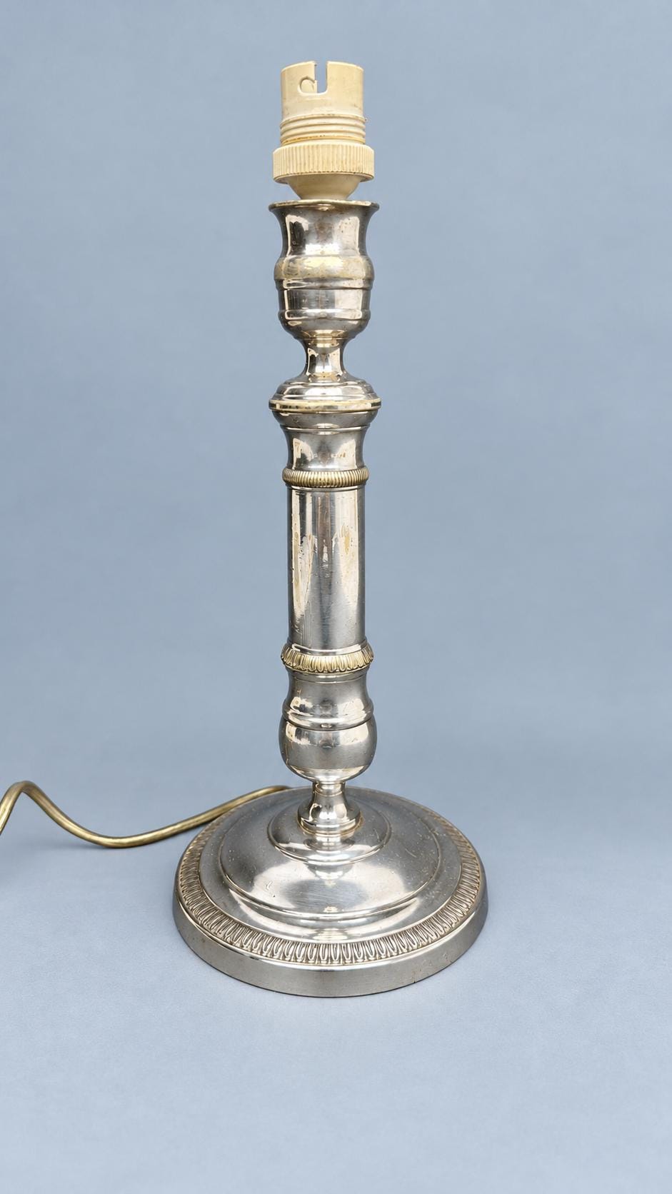 Vintage Empire Consulat Style Candlestick Table Lamp, Silver-Tone Metal with Leaf Bands, Attributed 19th Century, Sold Without Shade