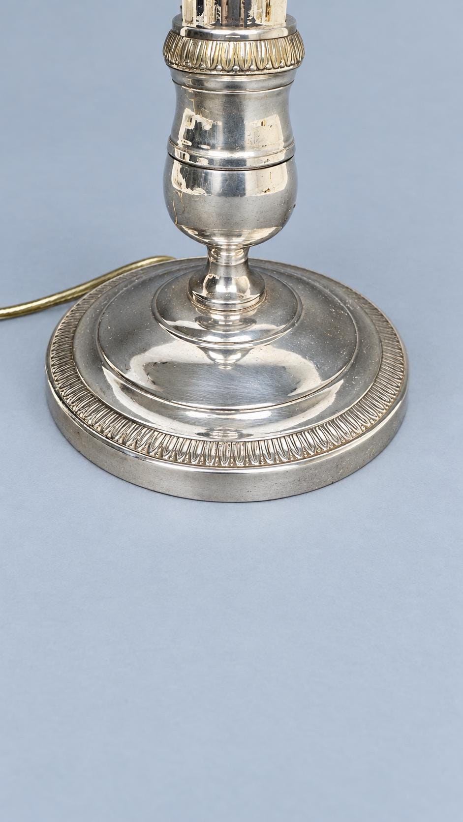 Vintage Empire Consulat Style Candlestick Table Lamp, Silver-Tone Metal with Leaf Bands, Attributed 19th Century, Sold Without Shade
