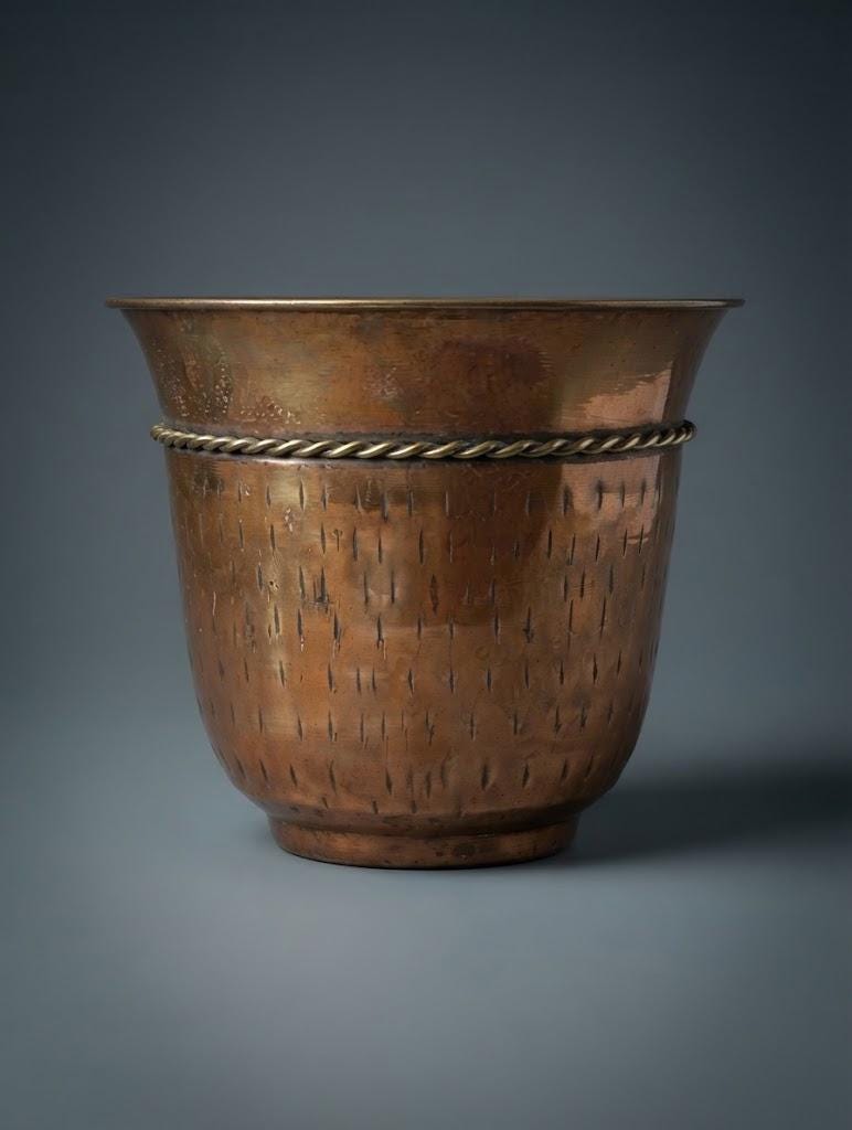 Copper-Tone Metal Cachepot with Brass-Tone Rope Bow and Tassels, Hammered Texture, Flared Rim Planter