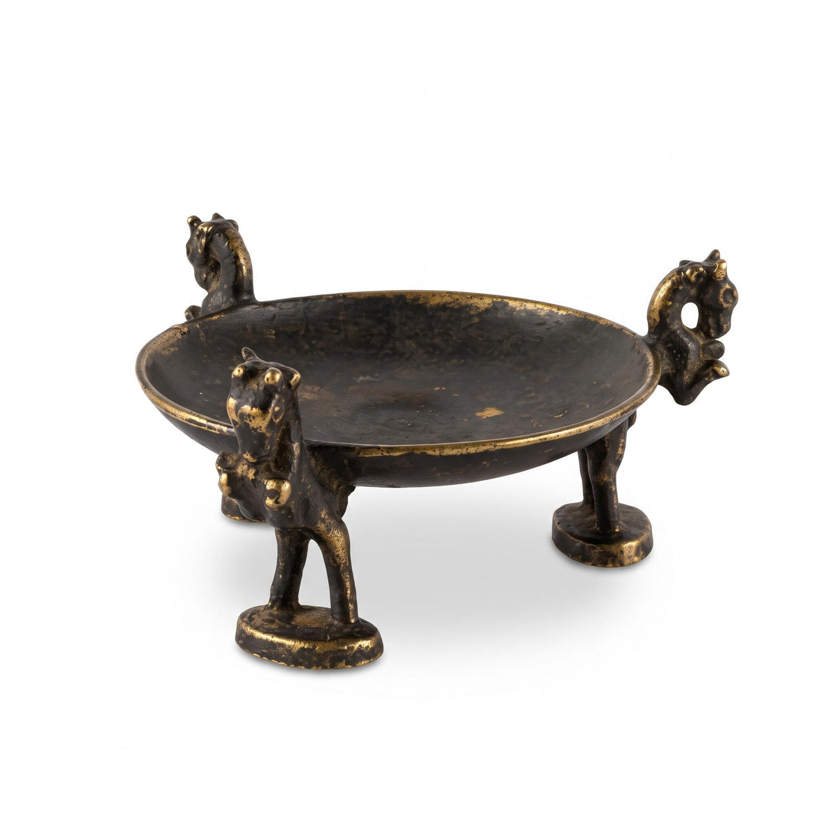 Small Patinated Metal Trinket Dish on Three Horned Animal Figure Legs, Mid-Century Style Ring and Jewelry Dish