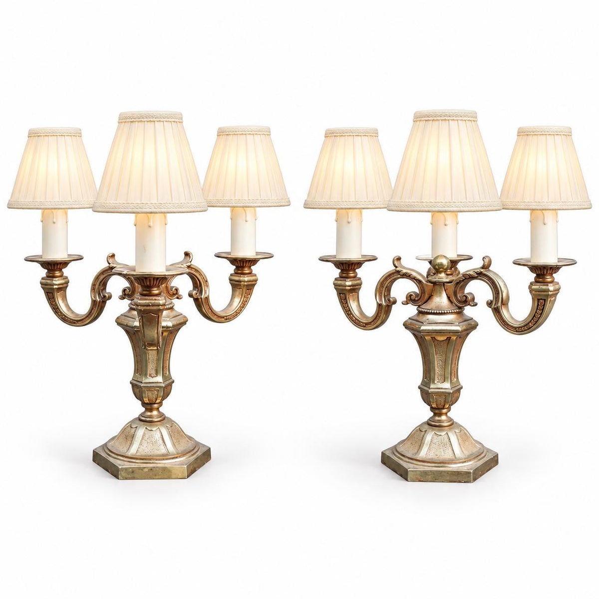 Pair of Vintage French Bronze Three-Light Candelabra Table Lamps, Hexagonal Bases, 1960s–70s, 27.5 cm