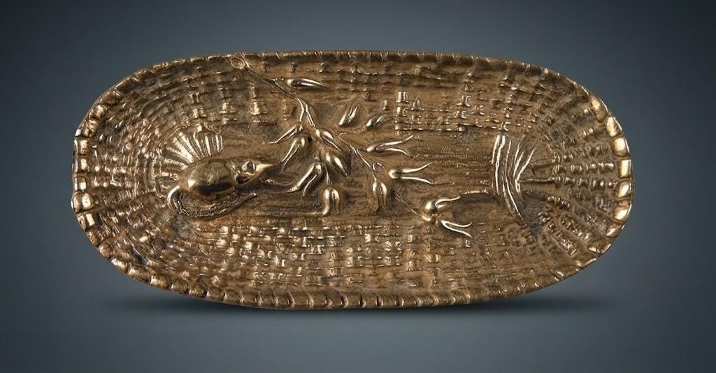 Small Brass-Tone Metal Trinket Tray with Mouse and Basketweave Relief, Oval Pin or Ring Dish, Belle Époque Style