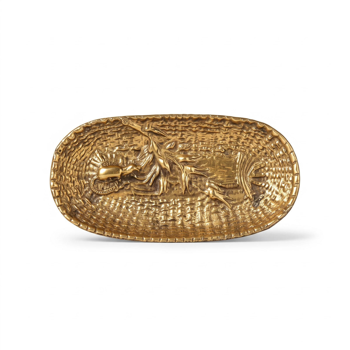Small Brass-Tone Metal Trinket Tray with Mouse and Basketweave Relief, Oval Pin or Ring Dish, Belle Époque Style