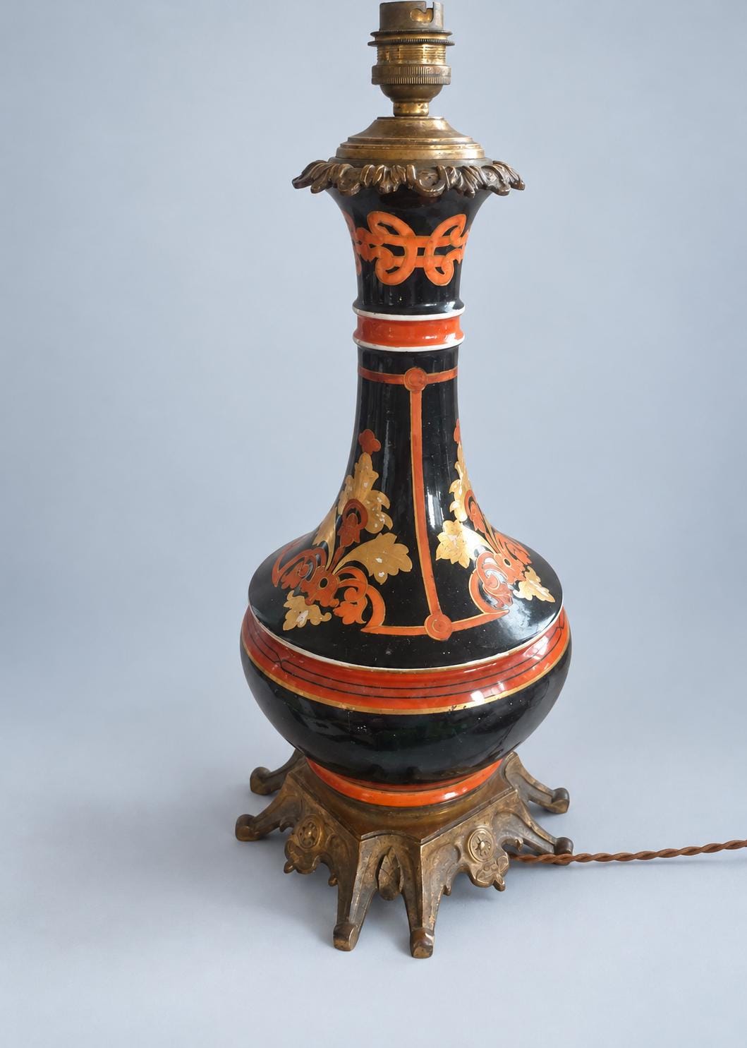 Vintage Napoléon III Style Ceramic Lamp Base, Black Glaze with Orange and Gold Decoration, Patinated Metal Mounts, Sold Without Shade, 39 cm
