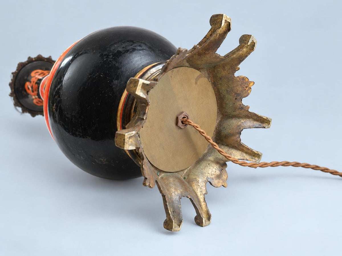 Vintage Napoléon III Style Ceramic Lamp Base, Black Glaze with Orange and Gold Decoration, Patinated Metal Mounts, Sold Without Shade, 39 cm