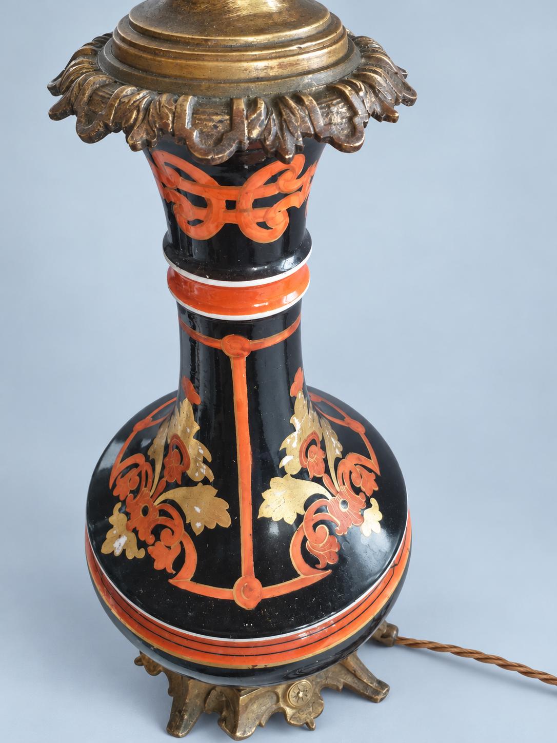 Vintage Napoléon III Style Ceramic Lamp Base, Black Glaze with Orange and Gold Decoration, Patinated Metal Mounts, Sold Without Shade, 39 cm