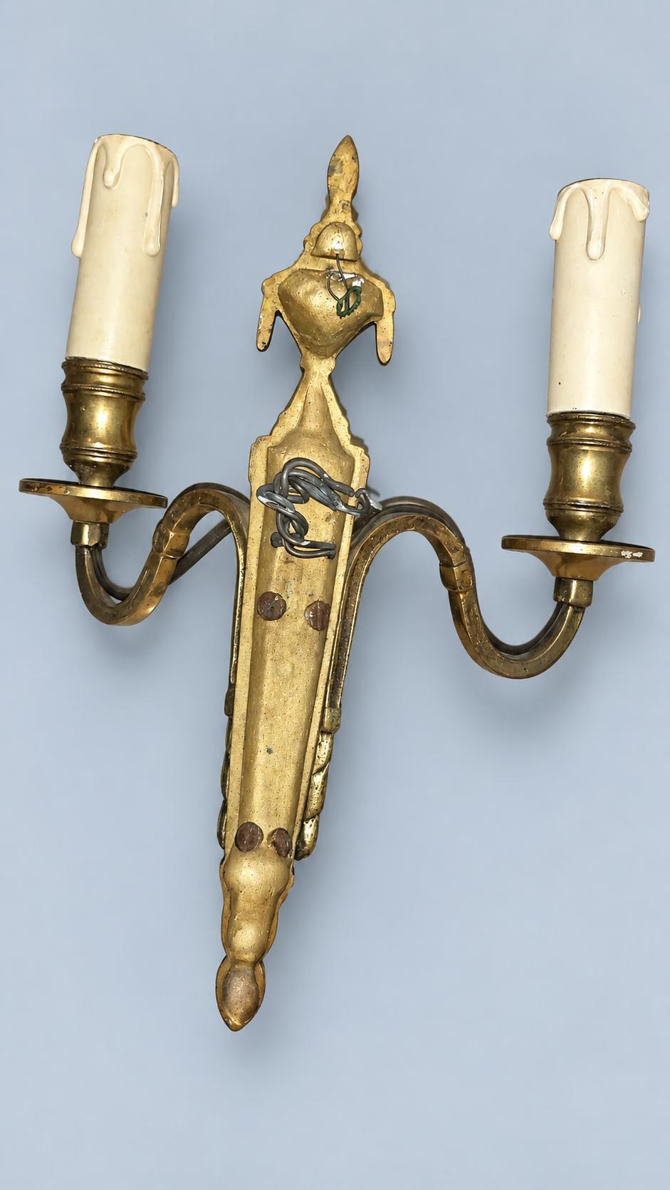 Vintage Pair of Louis XVI Style Wall Sconces, Gilt Metal Tapering Backplates with Draped Urn Finials and Acorn Drops, Two Lights Each