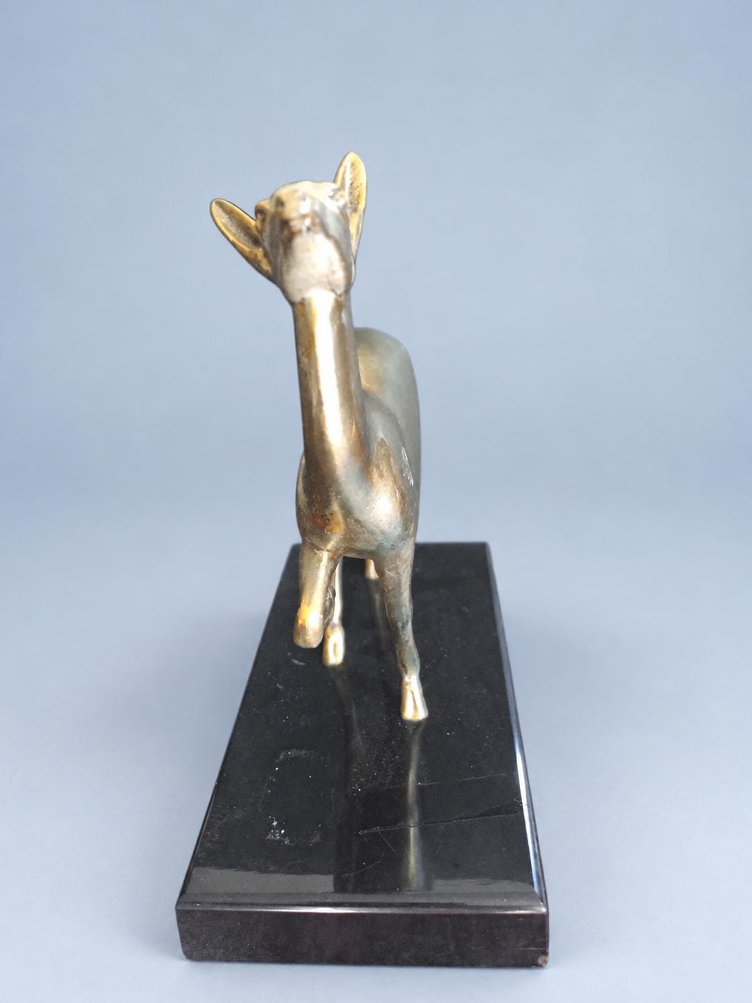 Vintage Art Deco Style Doe Statuette, Gilt Metal Fawn Looking Upward on Black Marble Base, 21 cm