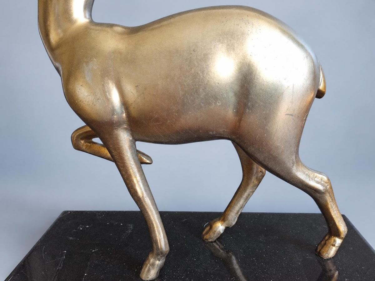 Vintage Art Deco Style Doe Statuette, Gilt Metal Fawn Looking Upward on Black Marble Base, 21 cm