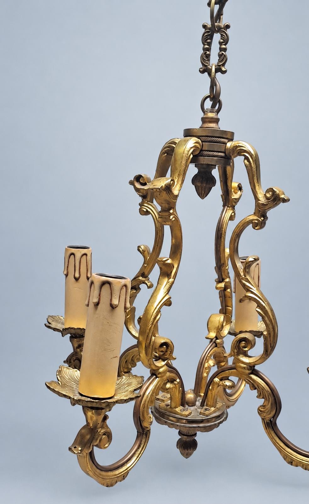 Vintage Louis XV Style Cage Chandelier, Gilt Metal with Shell Motifs and Scrolled Uprights, Four Lights, Chain and Canopy