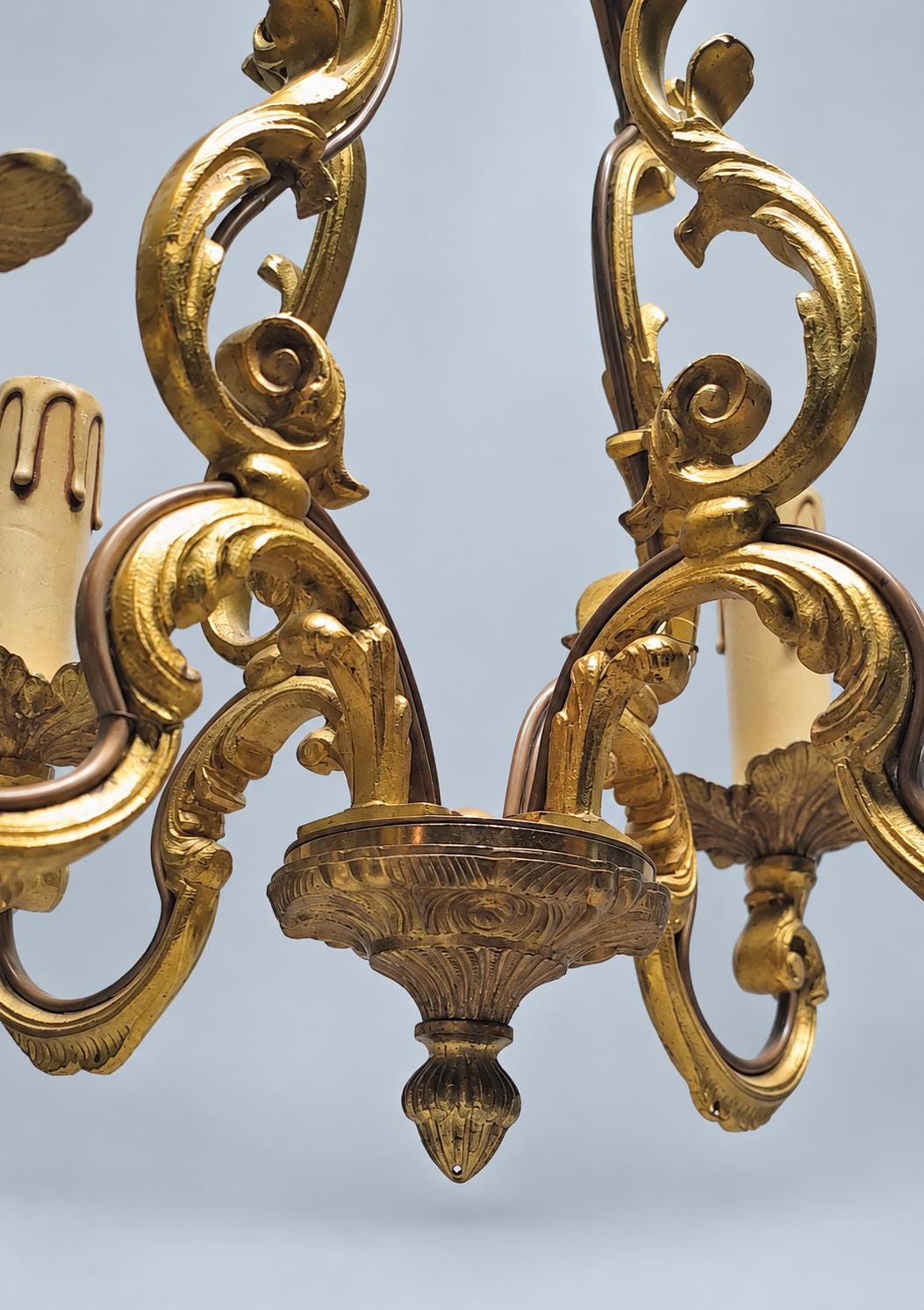 Vintage Louis XV Style Cage Chandelier, Gilt Metal with Shell Motifs and Scrolled Uprights, Four Lights, Chain and Canopy