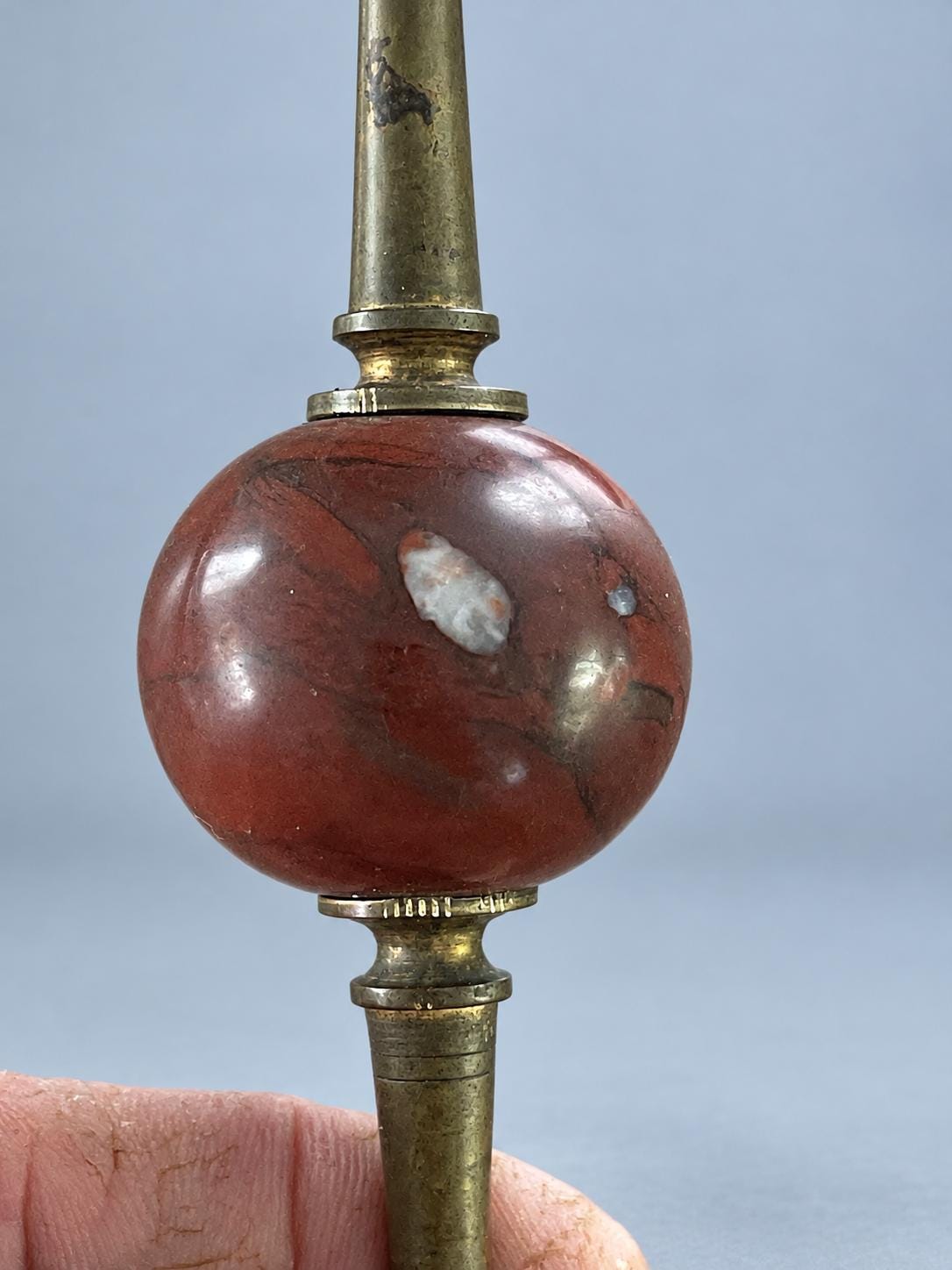 Vintage Pair of Red Marble and Brass-Tone Metal Candlesticks, Ball Knop and Domed Base, Attributed 19th Century, 21.5 cm