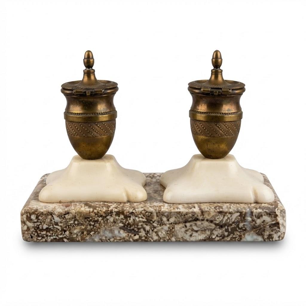 Vintage Empire Style Double Inkstand, Two Gilt Metal Urn Inkwells on Speckled Marble Base, Attributed 19th Century, 14 cm