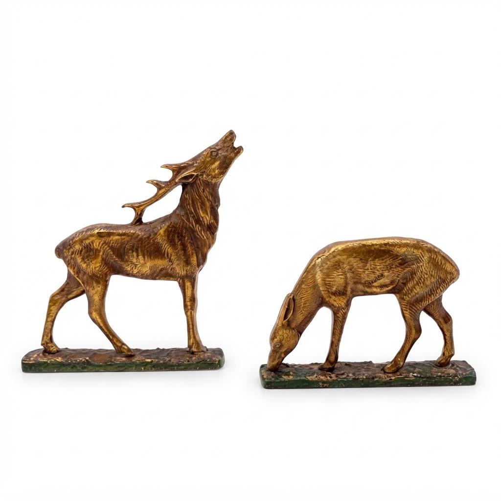 Vintage Art Deco Style Pair of Animal Figures, Bellowing Stag and Grazing Doe, Gilt Metal on Green Terraces, 9.5 cm