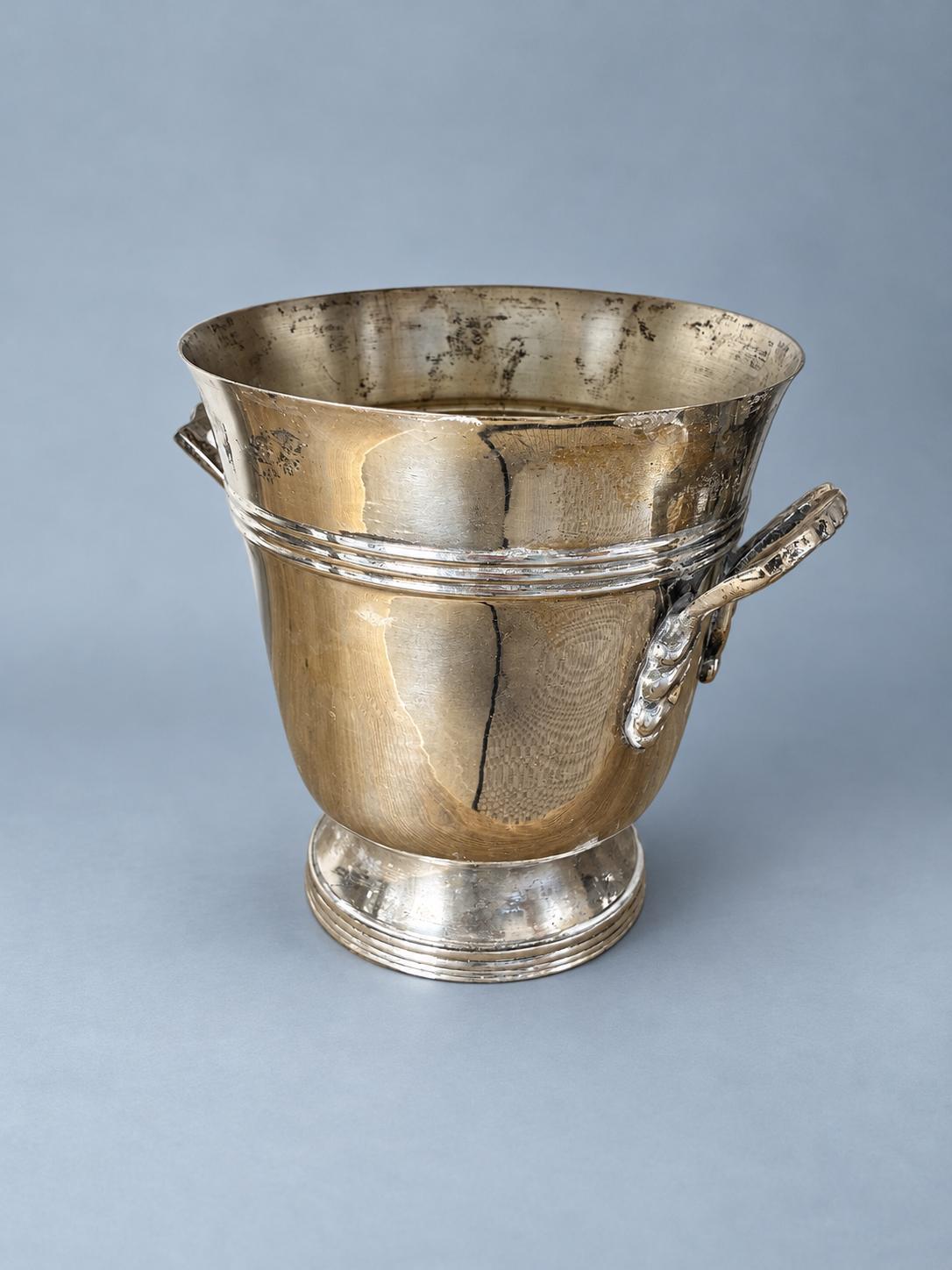 Vintage Silver-Tone Ice Bucket with Side Handles, Small Footed Wine Cooler with Ribbed Band, Bar Cart Decor, 16 cm