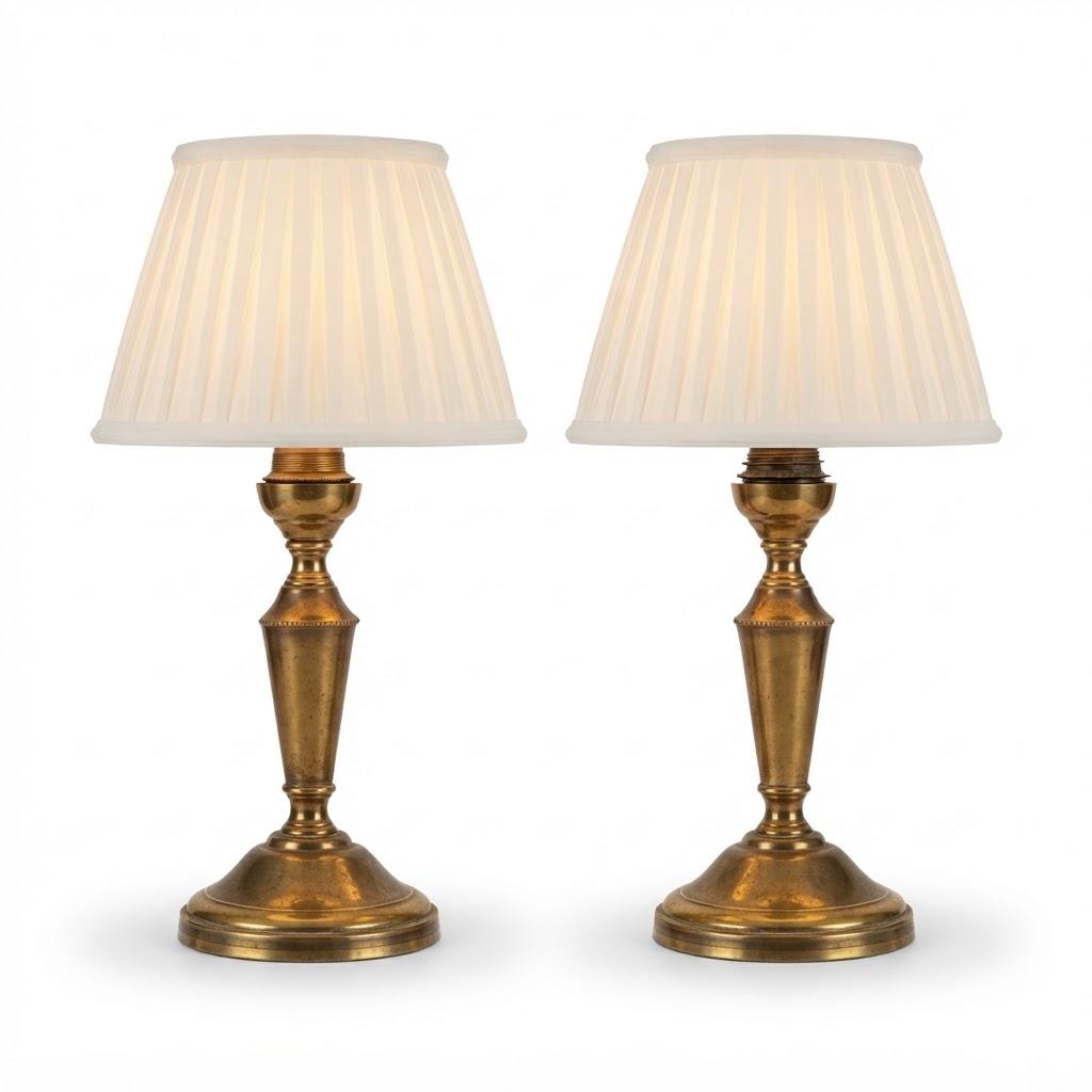 Vintage Pair of Small Brass Candlestick Table Lamps, Attributed 1930s–50s, Two-Tone Gold and Brown Patina, Sold Without Shades, 17 cm