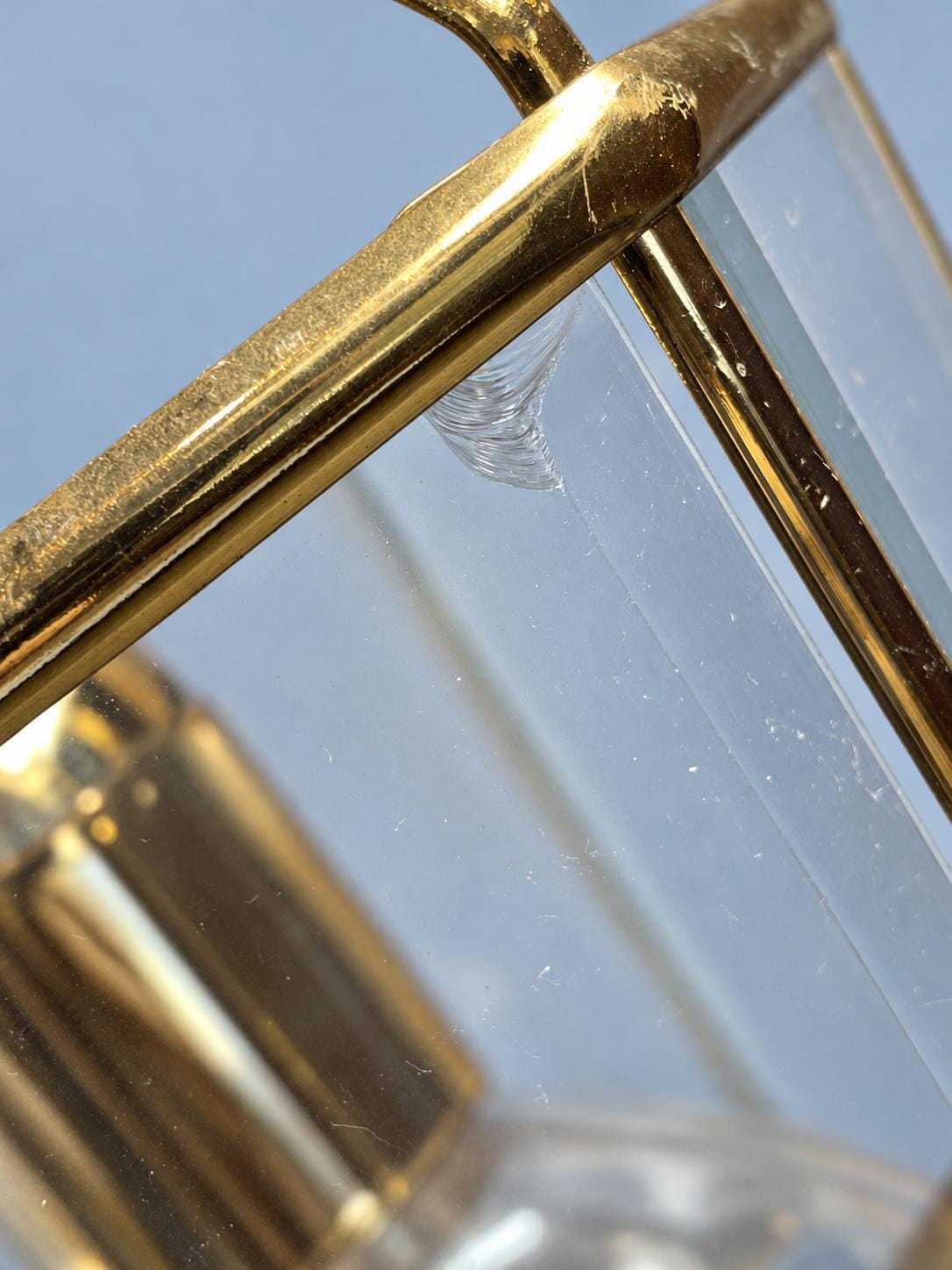 Vintage Hexagonal Brass Hall Lantern with Bevelled Glass Panels and Domed Rib Top, Single Light, Chain and Canopy