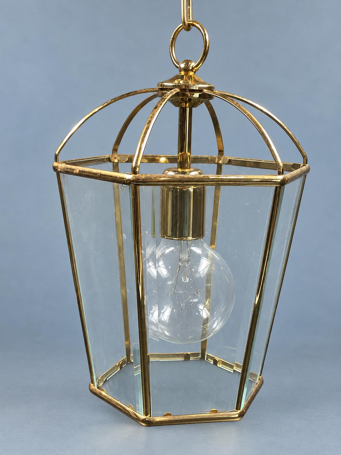 Vintage Hexagonal Brass Hall Lantern with Bevelled Glass Panels and Domed Rib Top, Single Light, Chain and Canopy