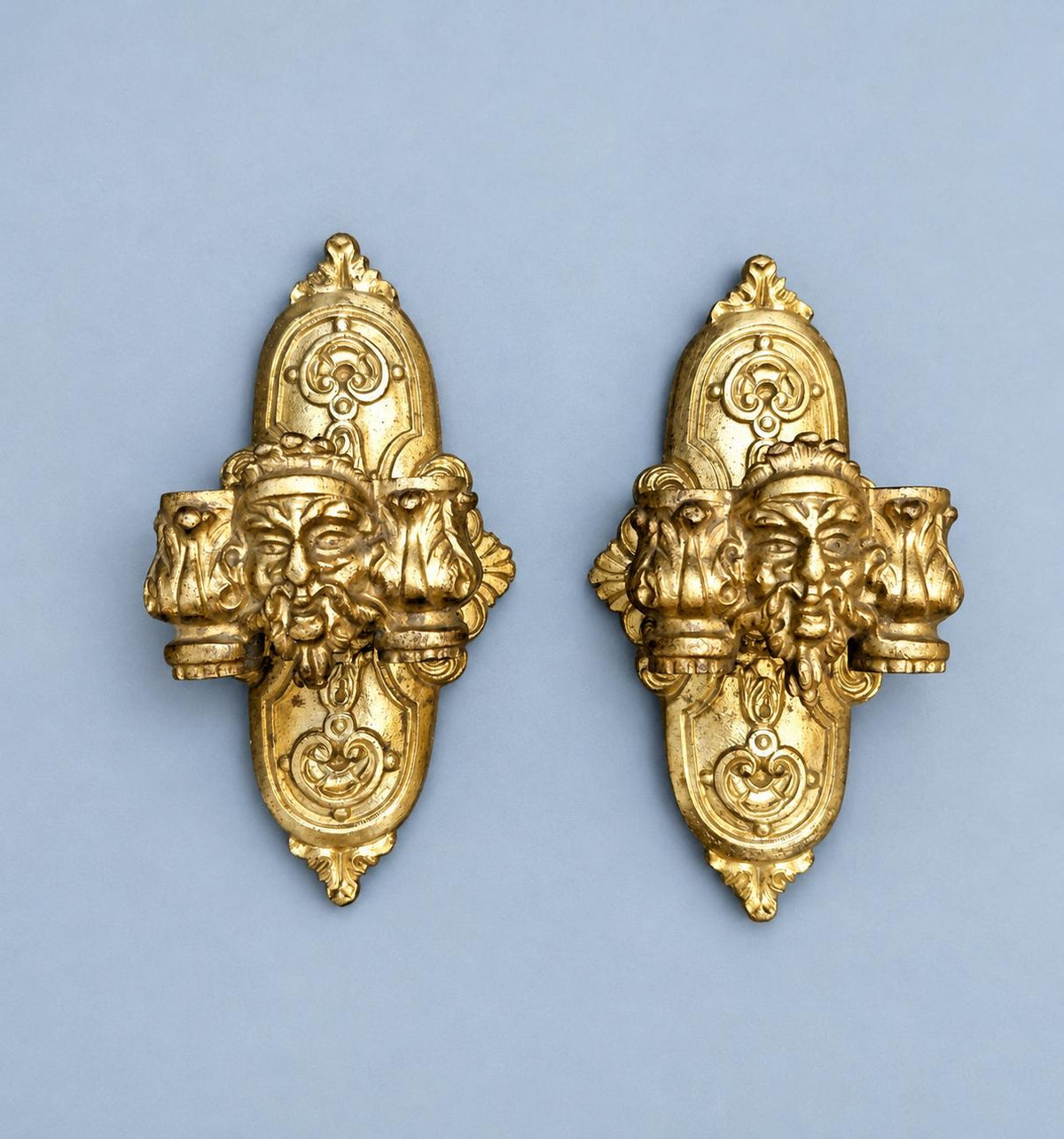 Vintage Pair of Small Double Candle Holders with Bearded Masks, Gilt Metal Wall or Furniture Mounts, Renaissance Revival, 19th Century