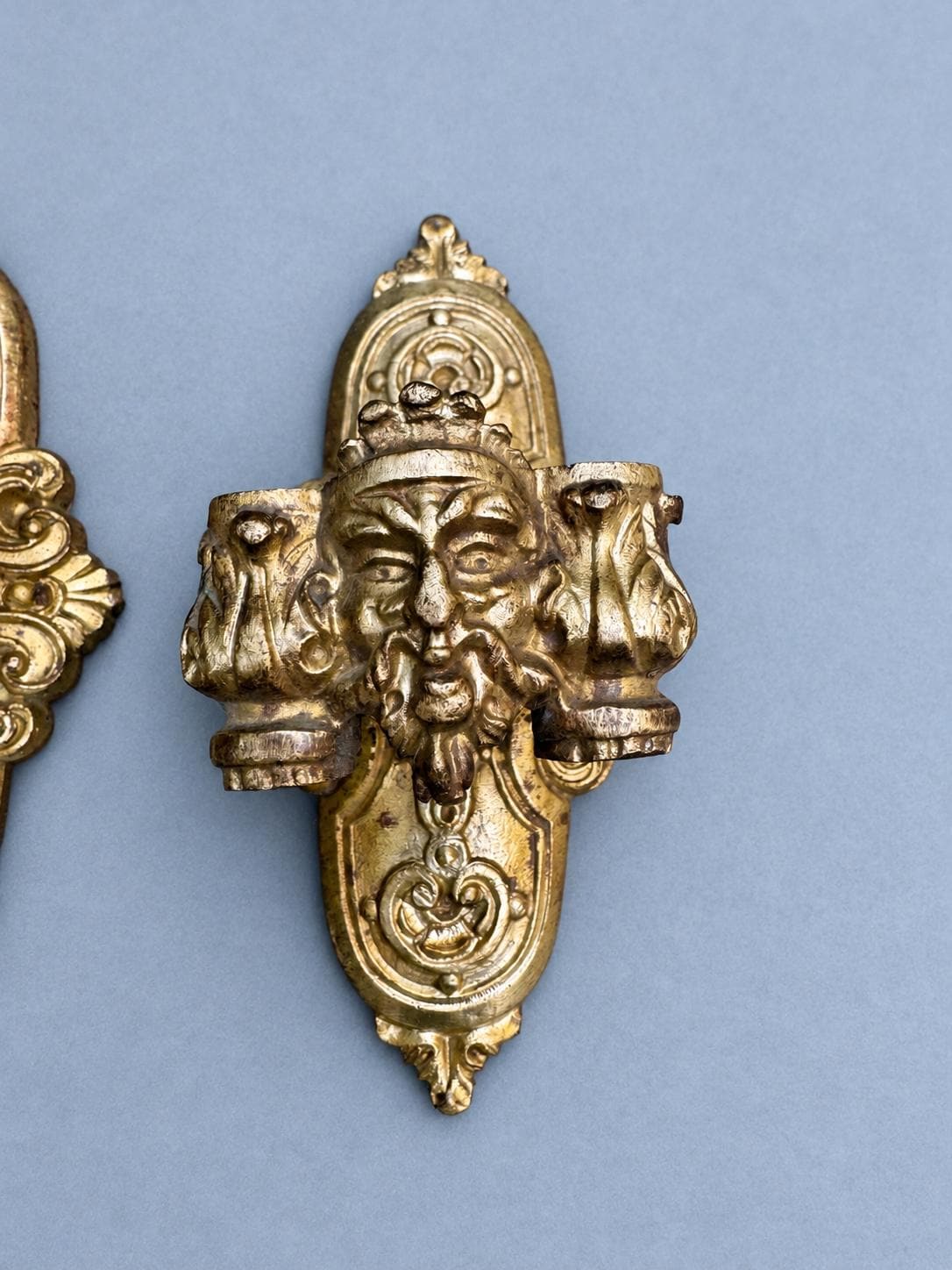 Vintage Pair of Small Double Candle Holders with Bearded Masks, Gilt Metal Wall or Furniture Mounts, Renaissance Revival, 19th Century