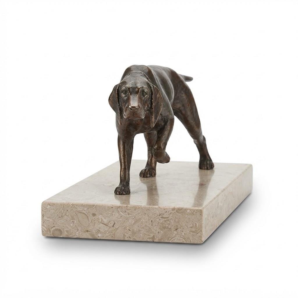 Vintage Hunting Dog Sculpture Following a Scent, Patinated Metal Hound on Beige Marble Base, 20.5 cm