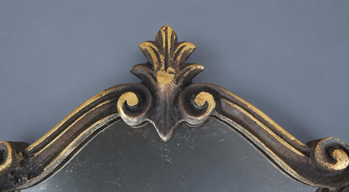 Vintage Pair of Single-Light Mirror Wall Sconces, Cartouche-Shaped Mirrors in Two-Tone Metal Frames with Palmette Crests, 29 cm